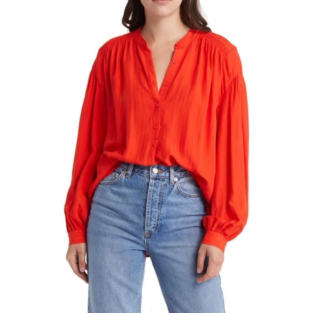 Treasure & Bond Womens Half Button Long Sleeve Embroidered Blouse Red Small NWOT